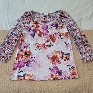 Anthro Floral Print Women's Top with Patterned Sleeves